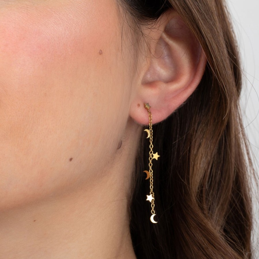 Pendientes Cadena Luna Y Estrellas Gold